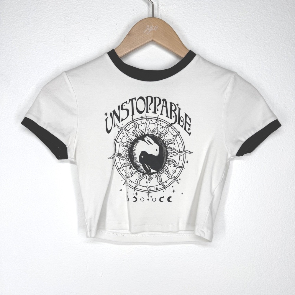 Tally Weijl Yin Yang Rabbit Celestial Ringer Crop Top Tshirt M Whimsigoth Grunge